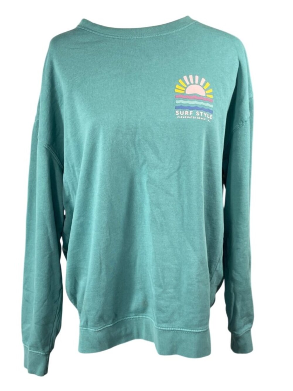 Surf Style Clearwater Beach FL Sweatshirt Green Pink Size L Large Crew Neck Scre
